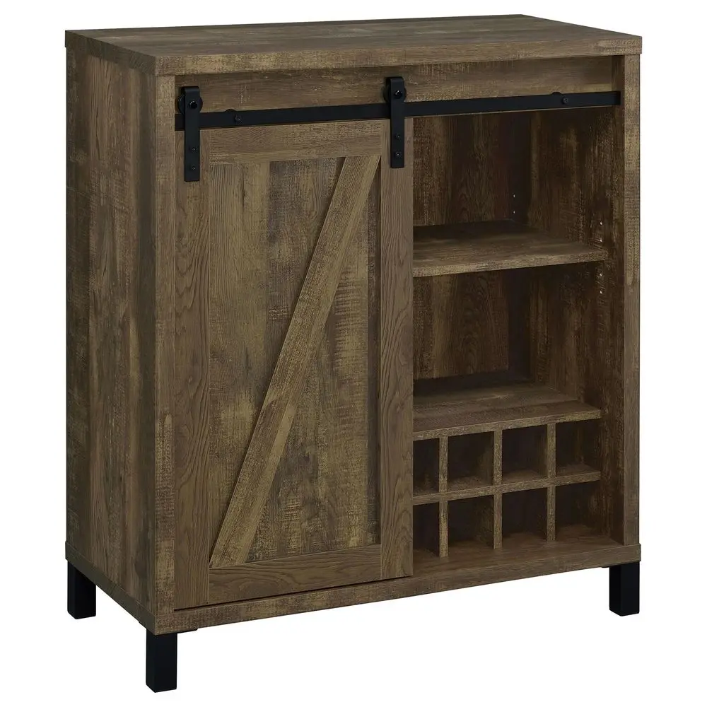 

Home Furnishings Arlington Sliding Barn Door Home Bar Wine Cabinet, Rustic Farmhouse Liquor Cabinet with 3 Shelves, Stemware Ra