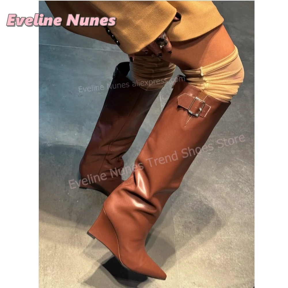 Elegant Retro Brown Knee High Wedge Boots Pointed Toe Buckle Detail Tall Boots Women Office Dating Evening Fashion Shoes Trend