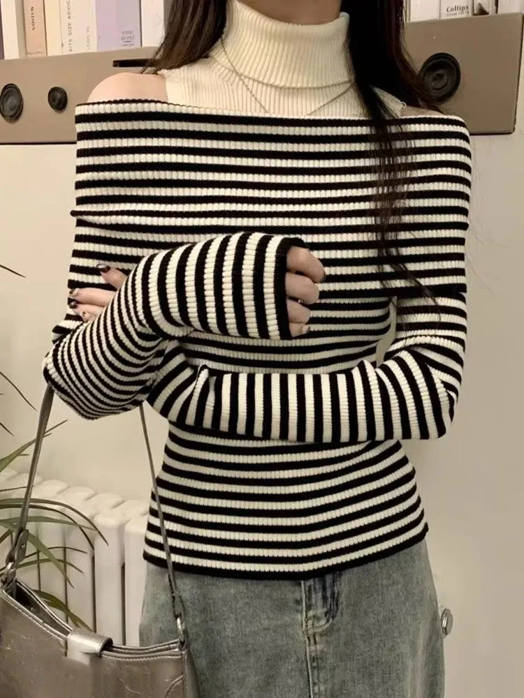 2026 Women Off Shoulder Halter Long Sleeve Knit Top Design Striped Slim Fit Spring Pullover Trendy Outer Sweater