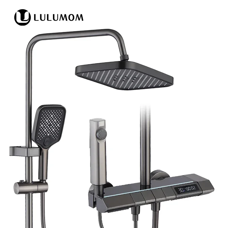 

005 LULUMOM Origin Manufacturer 4 Functional Grey Ceiling Shower System Head Brass Piano Shower Adjustable Thermostat Shower Set