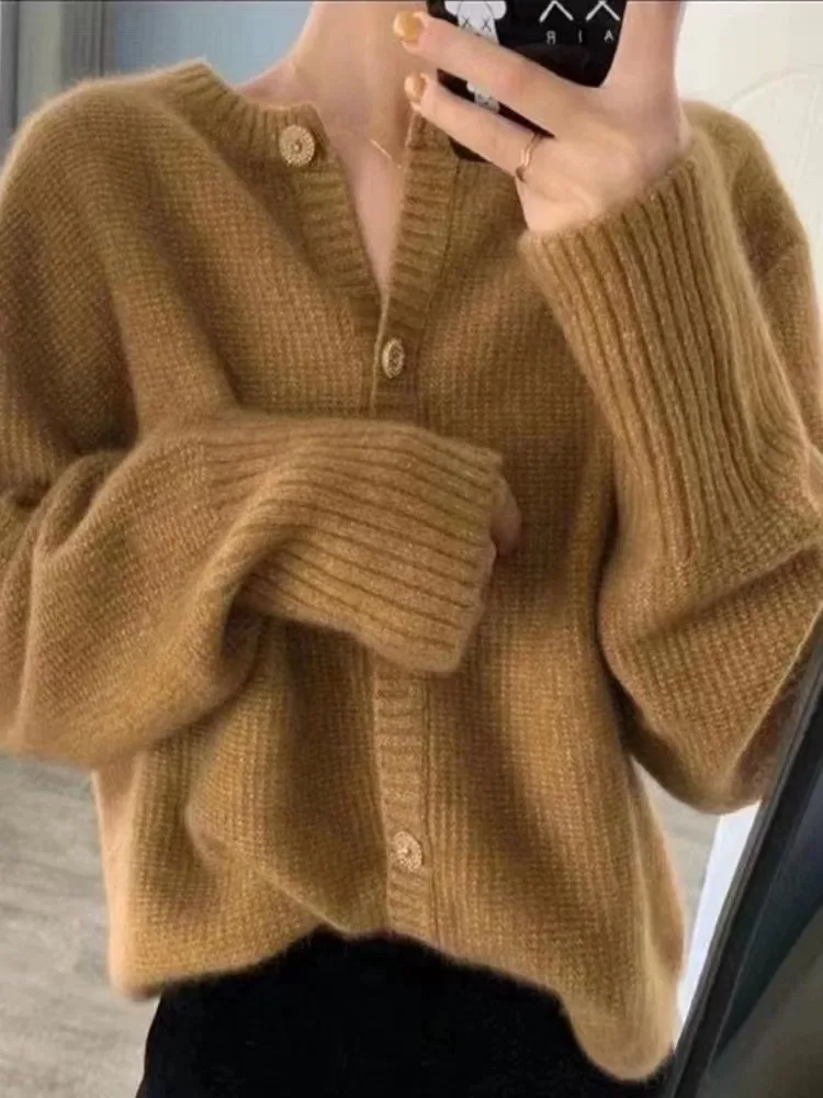 Autumn winter round neck 100% cashmere sweater long sleeve knitted cardigan ladies loose solid color wool knitted sweater top