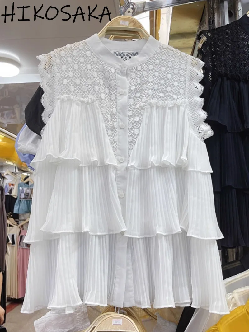 

Sweet Cascading Ruffles O-neck Sleeveless Blouse Shirts Hook Flower Hollow Out Lace Patchwork Buttoned Top Summer Chic Blusas