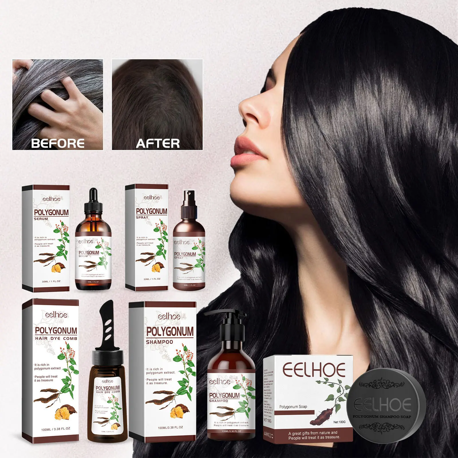 Eelhoe Polygonum Multiflorum Series Hair Cleansing Moisturizing Hair Root Natural Black Hair Strong Soft and Shiny Shampoos