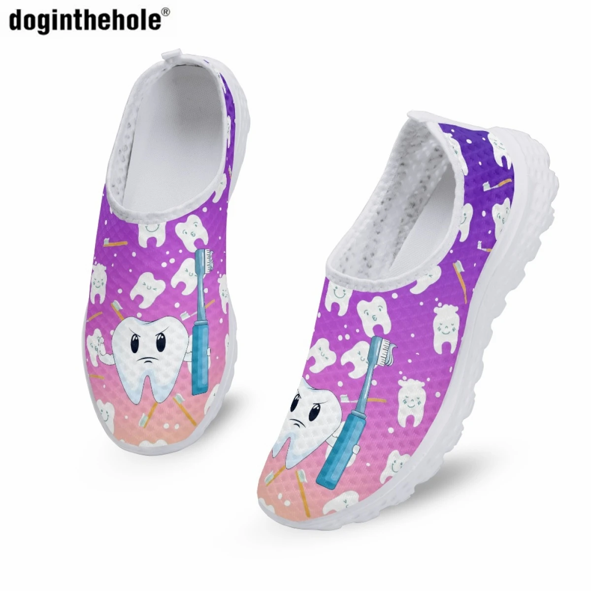 Doginthehole Women Summer Casual Shoes Cute Cartoon Dental Nurse Print Hospital Nursing Flat Shoes Comfort Breathable Mesh Shoes