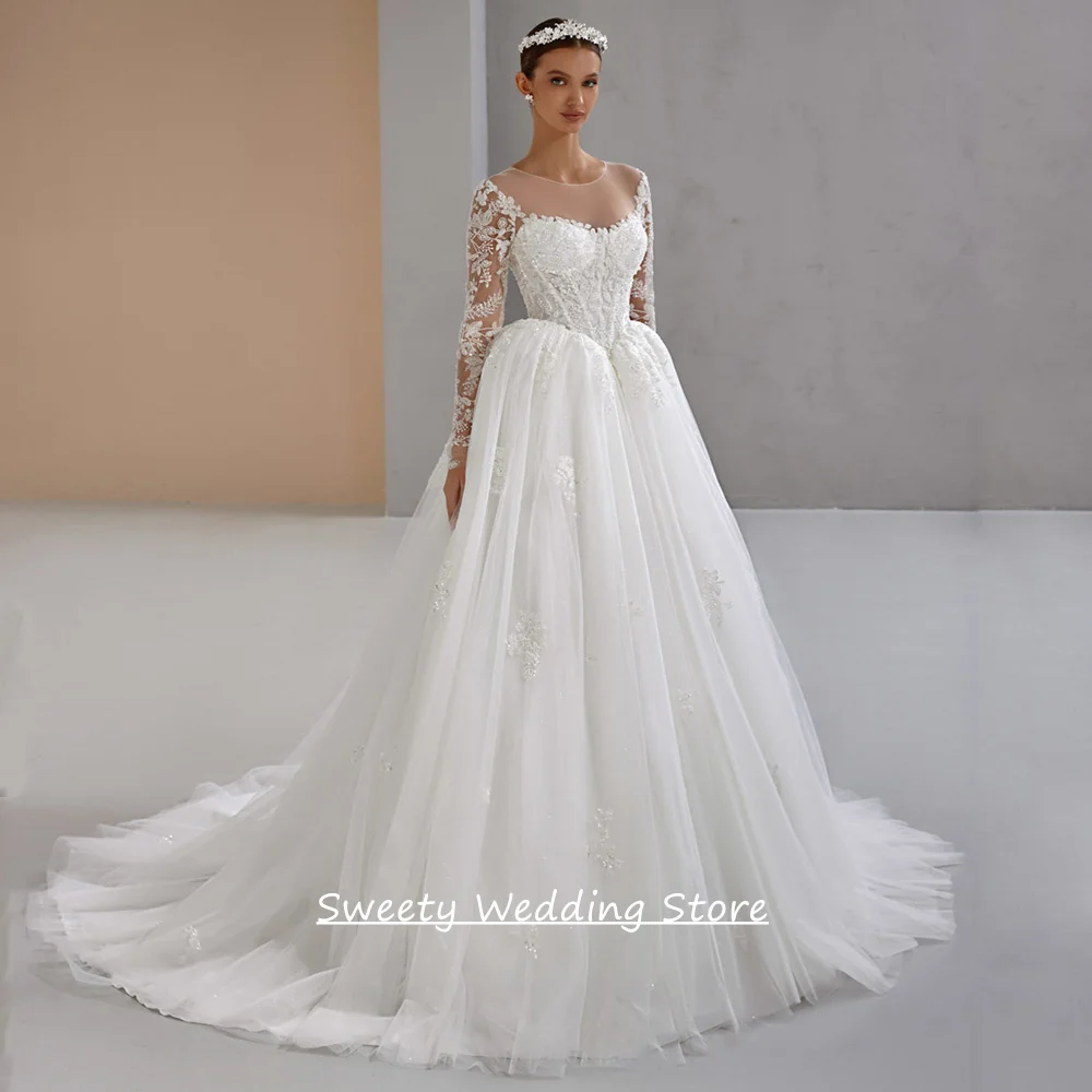Vintage Wedding Dress Robe De Mariee Customized Round Neck Full Sleeves Beading Sequined Sweep Train Illusion Bridal Gown