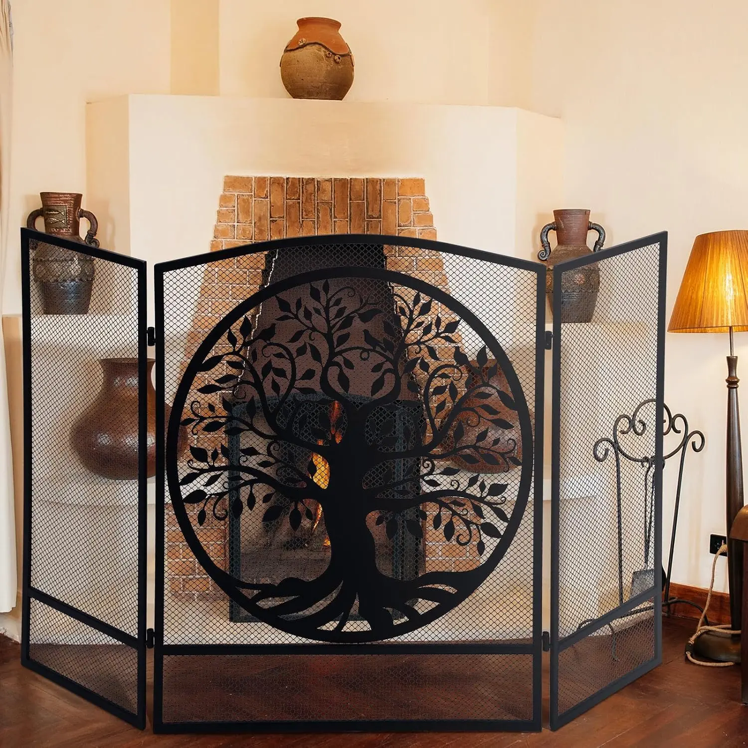 Fireplace Screen Tree of Life Steel Mesh Spark Guard Cover Rustic 3 Panel Fireplace Gate Folding Furnace Fireguards Safe Proof