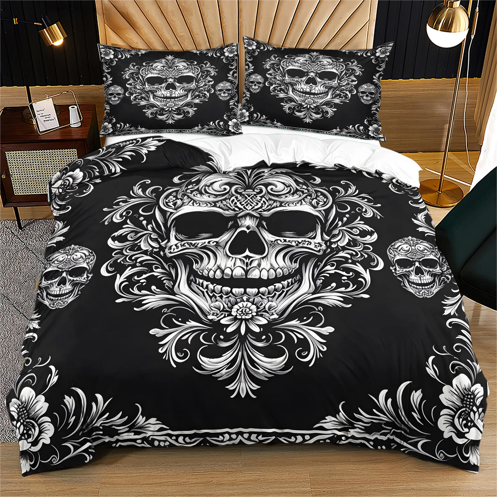 Gothic Floral Skull Duvet Cover Set Vintage Black White Bedding Set Polyester Quilt Cover With Pillowcase Home Bedroom Decor