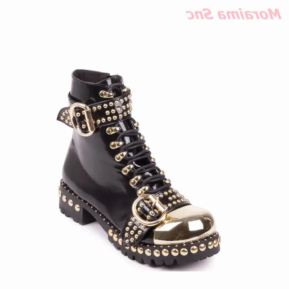 Round Toe Women Cool Boots Genuine Leather Belt Buckle Punk Mid-Calf Fashion Novelty Rivet Square Heel Comfortable Hot Sale