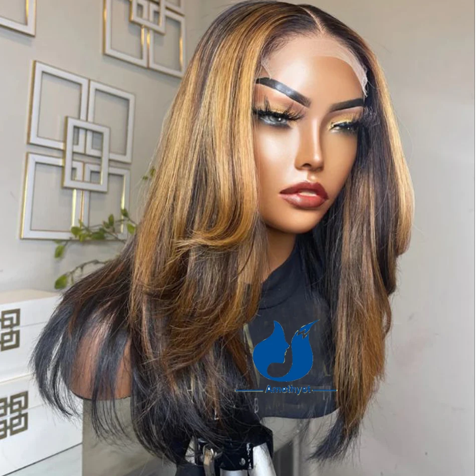 Amethyst Layered Highlight Lace Closure Wig Human Hair For Black Women 5.5x4.5PU Silk Top Preplucked Glueless Remy Hair Colored