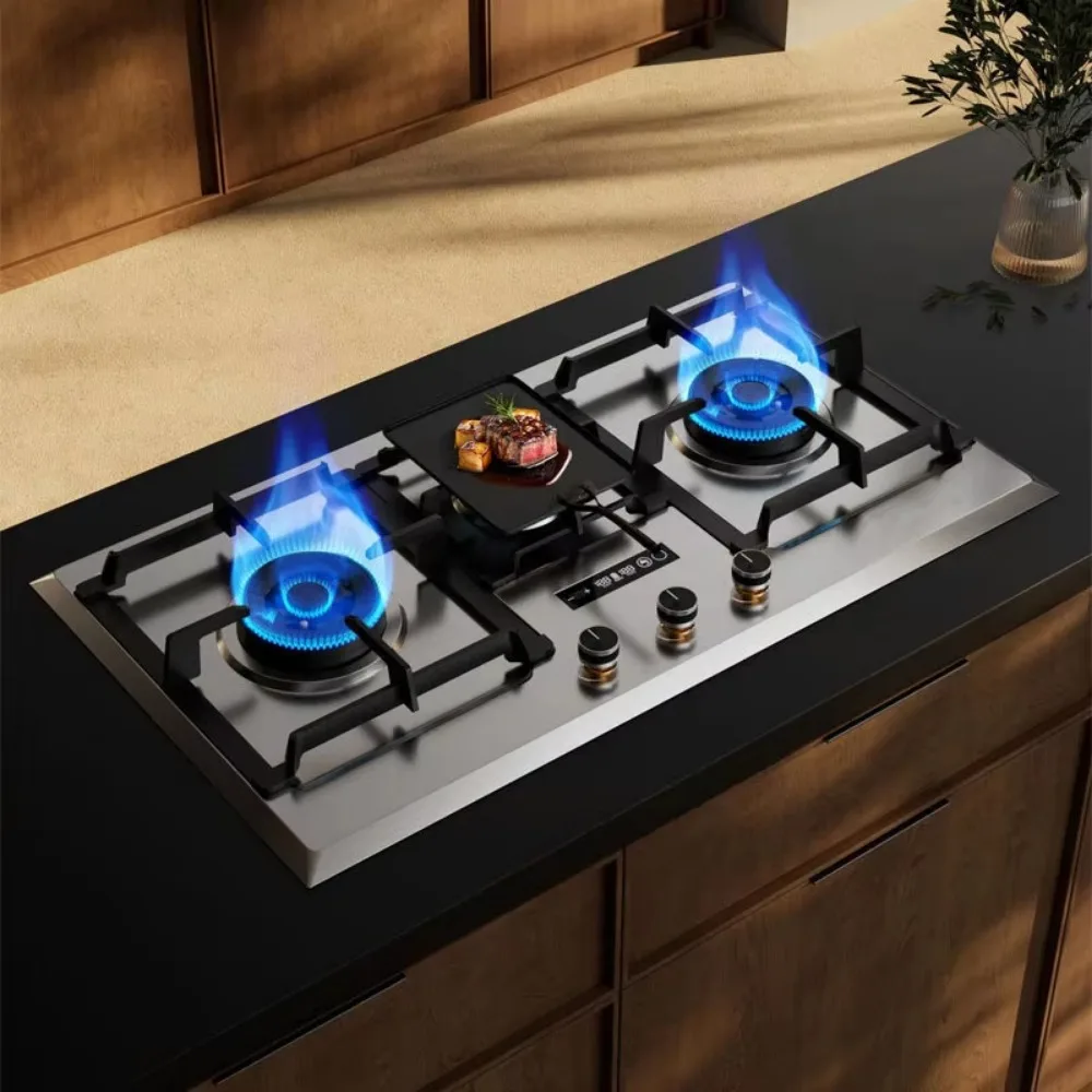 3‑Burner Built‑In Stainless‑Steel Gas Stove, Household Cooktop with Ignition Flame‑Out Protection for Home Kitchen Use