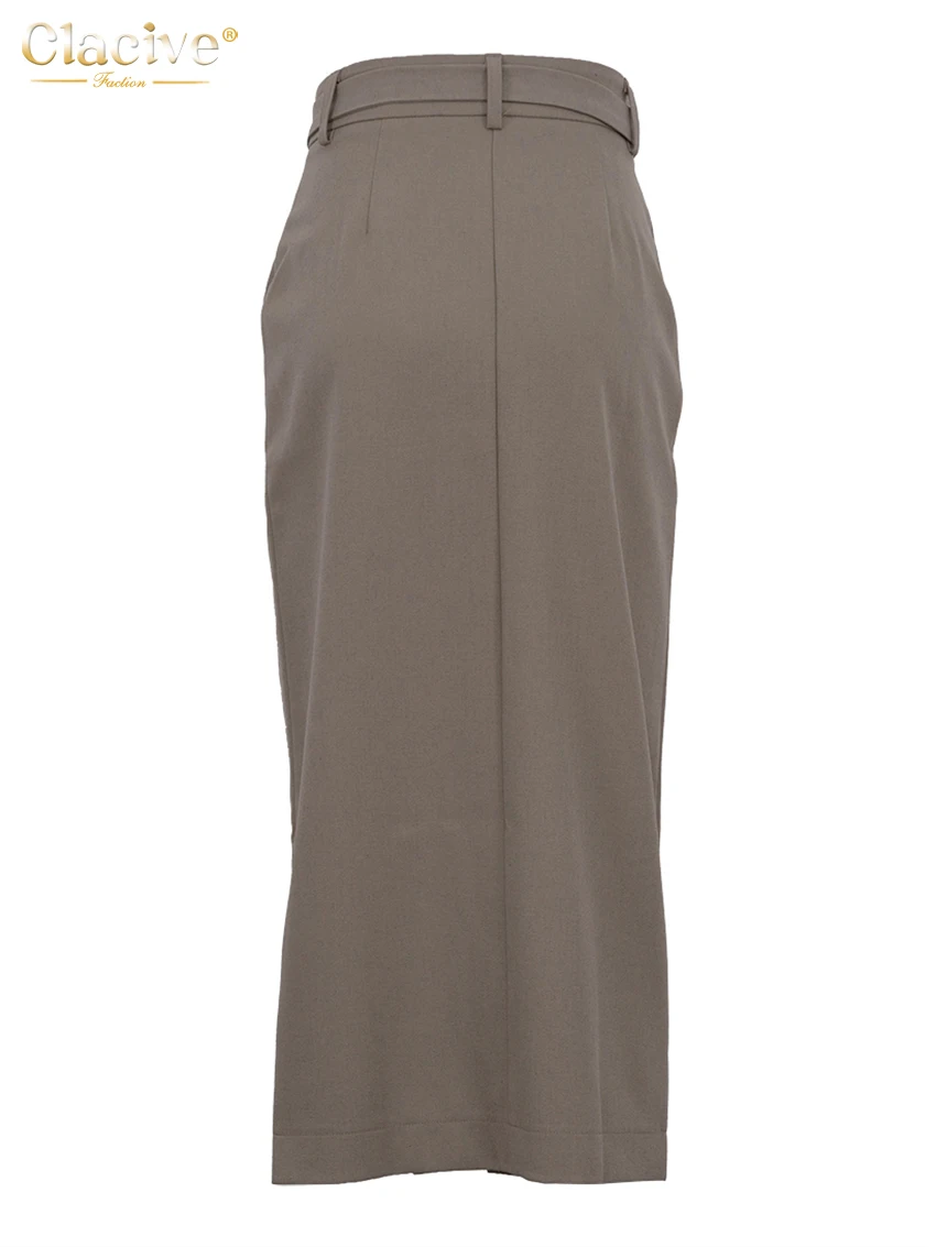 Clacive Fashion Slim Khaki Women\'s Skirt 2025 Bodycon High Waist Midi Skirt Elegant Classic Solid Slit Skirt Female Clothing
