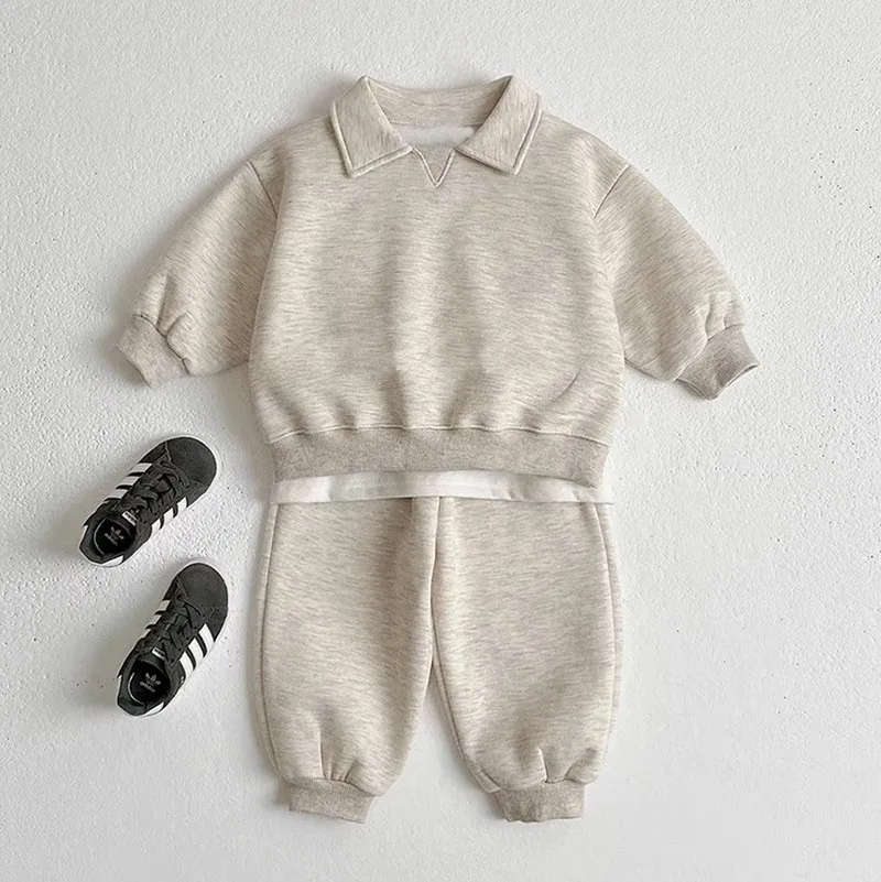 

2025 Spring and Autumn New Pure Cotton Sports Suit Lapel Solid Color Sweater Two-piece Set