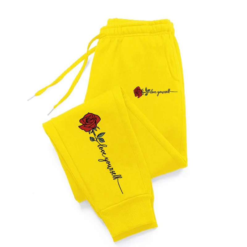 Pink Love Rose Printed Women\'s All-match Casual Pants Drawstring Pocket Comfortable Sportswear Pants