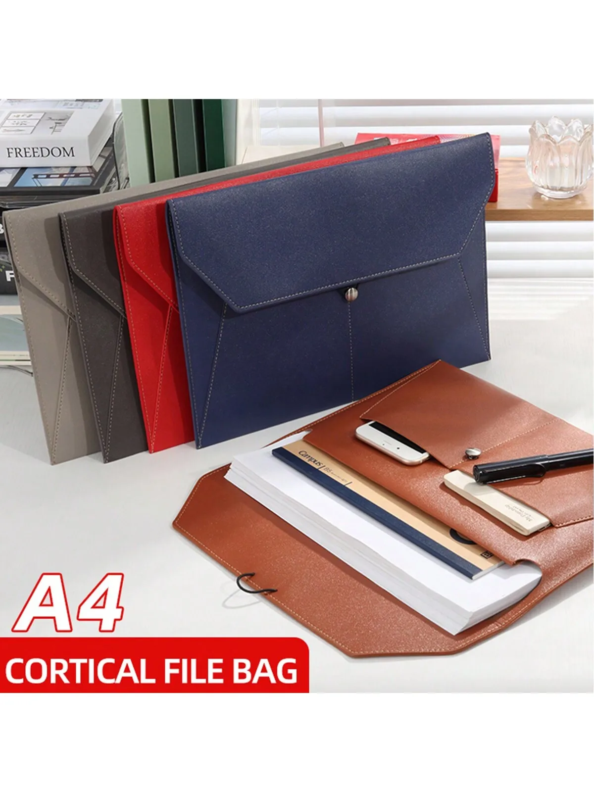 

A4 File Pocket Dustproof Documents Pouch Business PU Leather File Bag Large Capacity File Folder School Office Stationery
