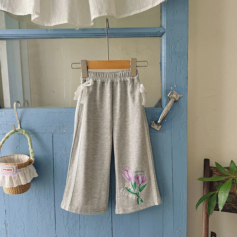 

Korean Children Girls Casual Pant 2025 Autumn Flower Print Infant Babys Girl Sweatpant Lace Bow Kids Toddler Girls Wide Leg Pant