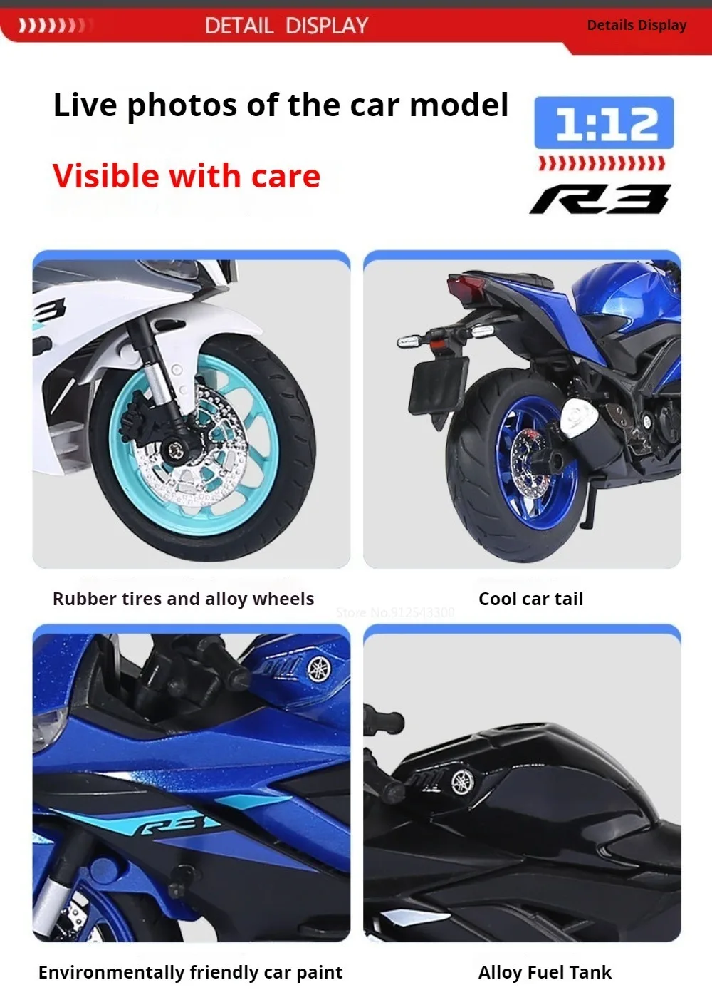 Maßstab 1:12 R3 V-REX Motorrad Modell Spielzeugauto Metallgehäuse Gummireifen Verknüpfung Lenkmotor Modelle Kinder Hobby Spielzeug – Detail 5