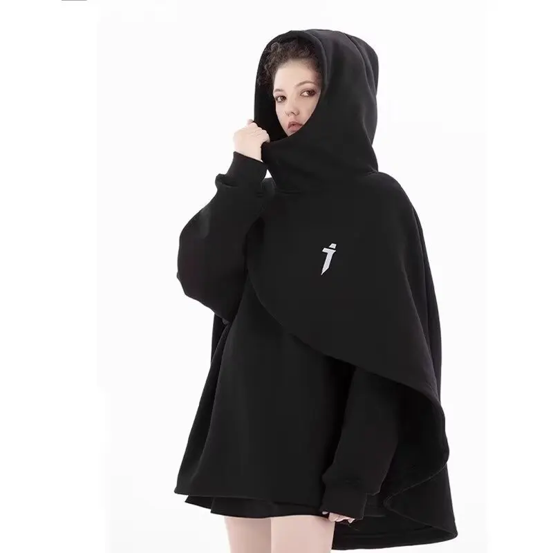 Fashion Cloak Pullovers Hoodies for Women Streetwear Fake Two Piece Loose Turtleneck Long Sleeve Hooded Sweatshirt Harajuku Tops