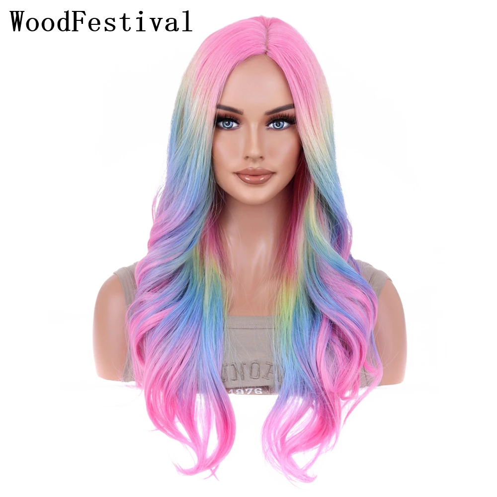 

WoodFestival Ombre Synthetic Hair Wigs For Women Party Rainbow Wig Cosplay Long Wavy Pink Brown And Blonde Multicolored Pastel