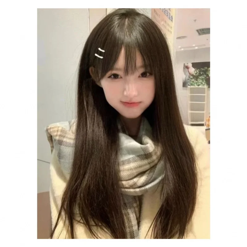 

Черная милая воздушная челка в европейском и американском стиле, реалистичные человеческие волосы, повседневные, уменьшающие возраст, длинные прямые