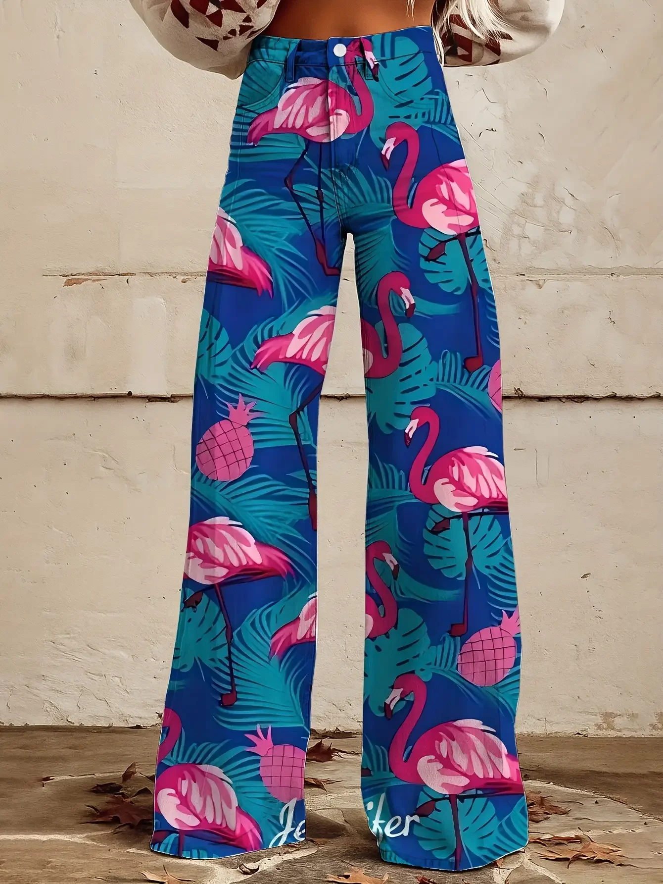 

Women's printed geometric pattern wide leg imitation jeans, Non elastic elegant flowing pants