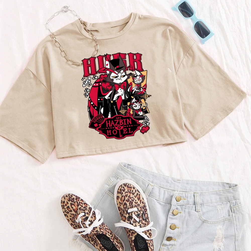 Koszulka Hazbin Hotel Husk Damska Krótki Rękaw Okrągły Dekolt Krótki Top T-shirt
