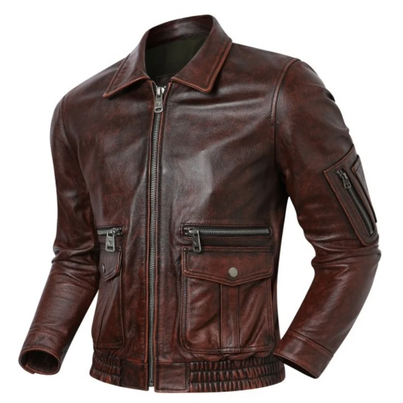 

Мужская кожаная куртка-бомбер A2 в стиле ретро из состаренной кожи с воротником-стойкой, верхний слой из натуральной воловьей кожи