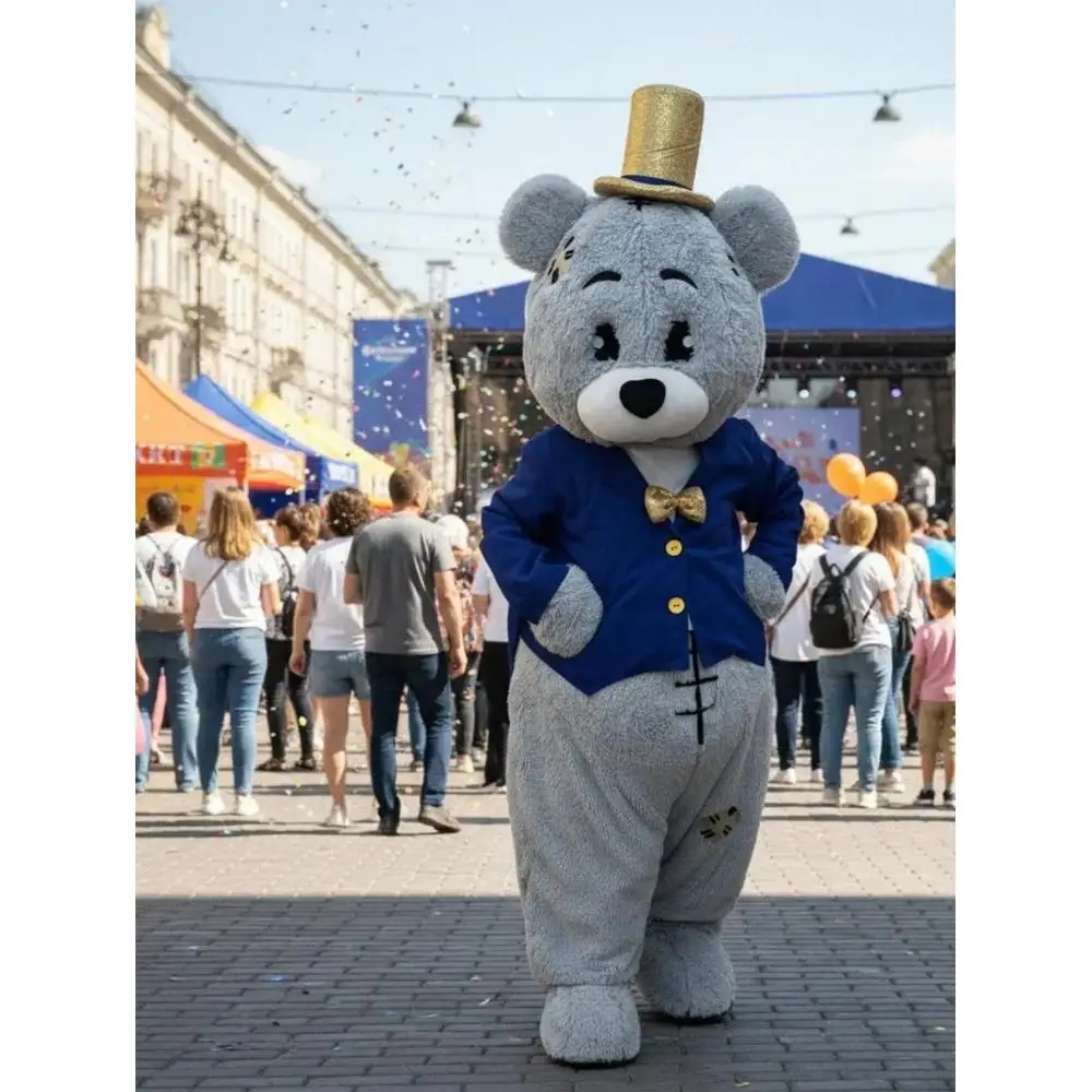 Blue Tuxedo Plush Grey Bear Mascot Costume Cute Teddy Bear Cartoon Adult Unisex Halloween Christmas Fancy Wedding Party Outfits
