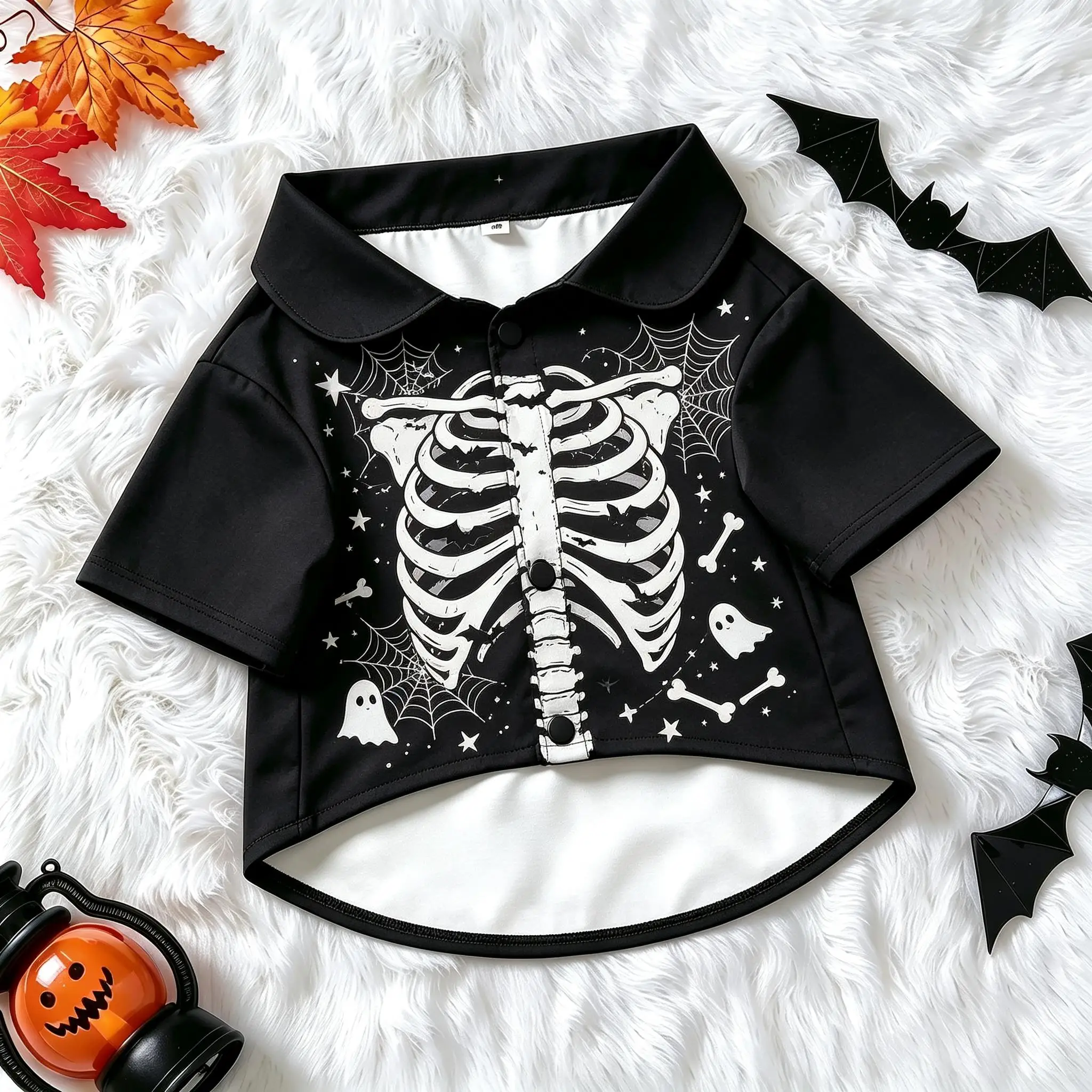 Pet Dog Shirt Black Skeleton Ribs Spider Web Print Lightweight Button Up for Small Medium Dogs Gothic Theme Party Wear