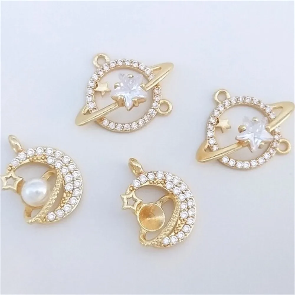 

14K Gold Inlaid Zircon Sun Moon Stars Universe Planet Moon Bead Holder DIY Jewelry Charms Pendant K433