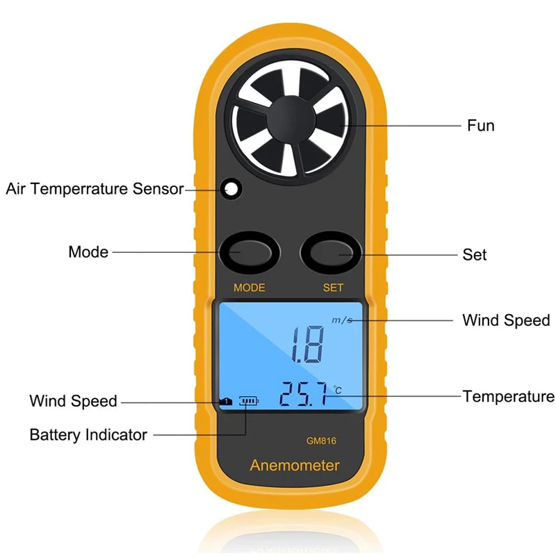 Portable Anemometer Thermometer Wind Speed Gauge Meter Anemometro Windmeter 30m/s LCD Digital Hand-held Measure Tool GM816