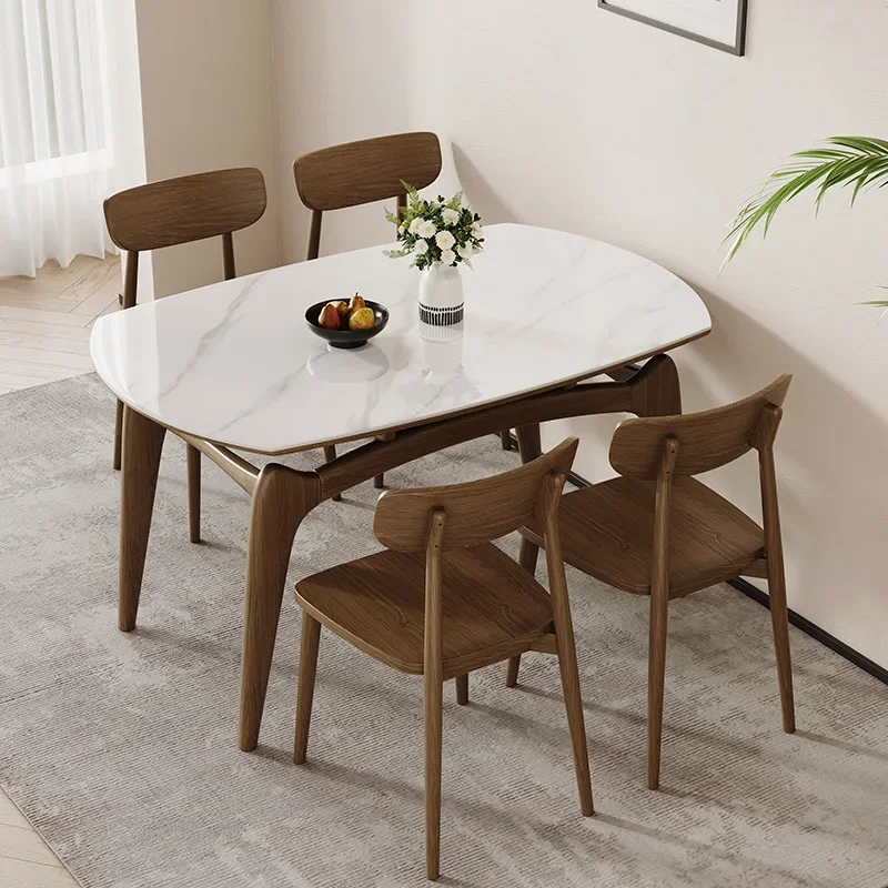 Rock slab dining table and chair combination household dining table folding telescopic solid wood variable round table