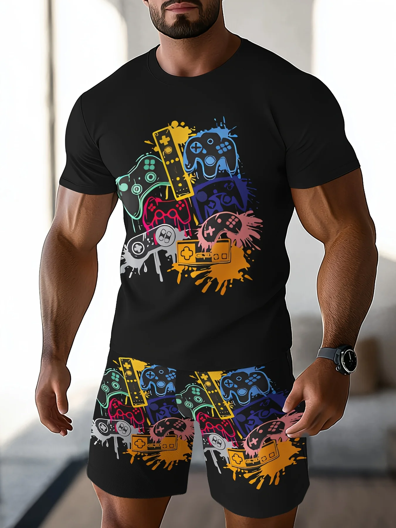 Set Dua Potong Pria Musim Panas Kemeja Lengan Pendek Gambar Cetak Otot Personalisasi 3D dan Celana Pendek Kemeja Celana Pendek Nyaman dan Sejuk