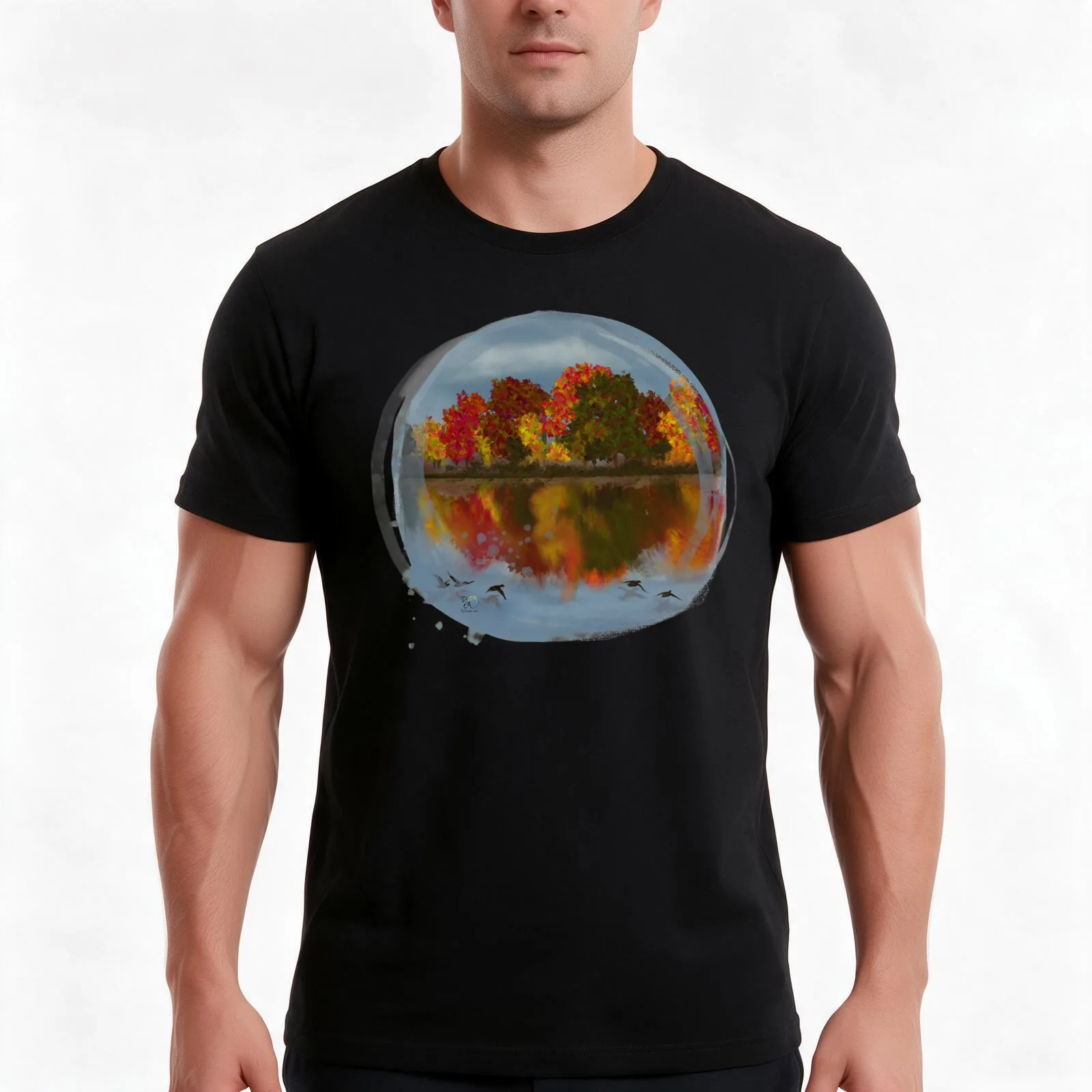Autumn Days - Watching The Ducks Fly Over The Water - Original Art Painting T-Shirt Summer Casual Cotton Tee Unisex Men Women