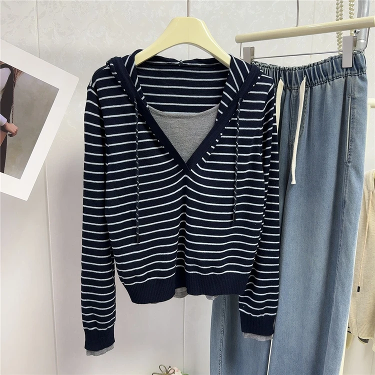 Casual Sle Farbe Blo Gestreiften Kapuzen Gestrickte Pullover frauen Lose Fit ort Top Faionable Herbst Neue Ankunft