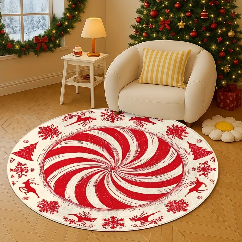 Vintage Xmas Peppermint Swirl Circular Area Rug  Red Deer Snowflake Print Round Mat Winter Festive Decor Rug for Bedroom