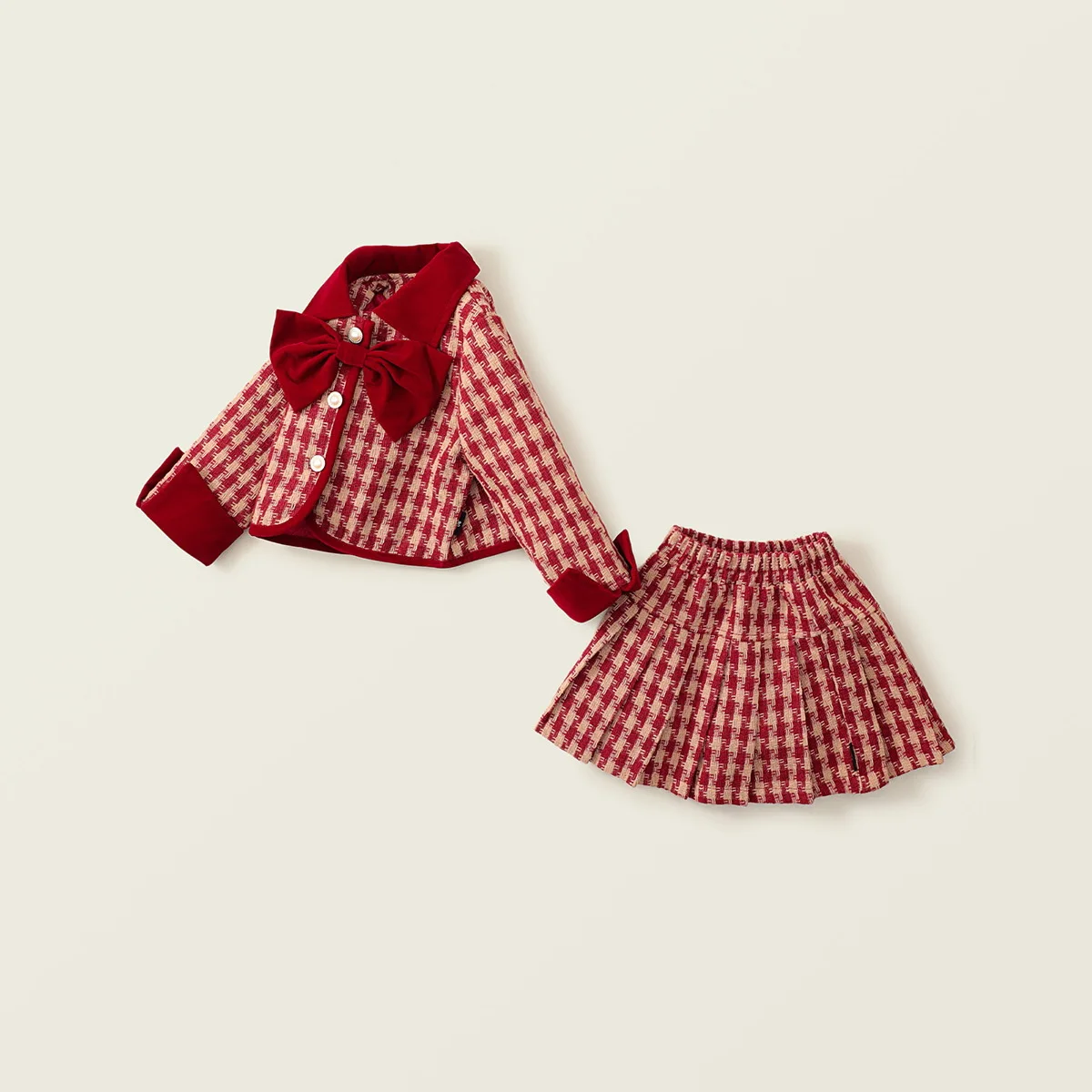 Autumn Winter Thickened Padding Fashion Girl's Two-piece Set Girl Red Checkered Large Butterfly Coat+Short Skirts Christmas Suit