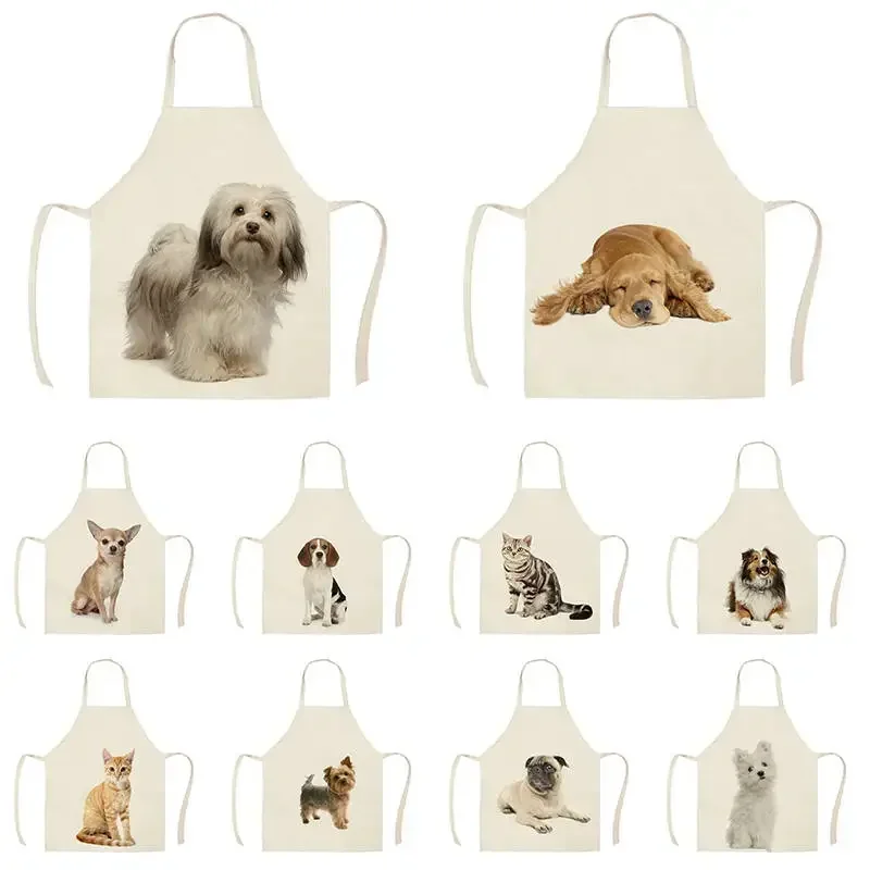 Kitchen Apron Sketch Wearing Pug Pet Dog Cat Printed Sleeveless Cotton Linen Aprons for Men Women Home Cleaning Tools Fartuchy