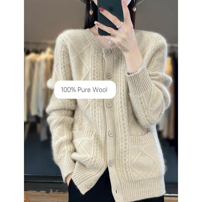 

2024 Autumn/Winter Pure Wool Cardigan New Women's Round Neck Diamond Twisted Sweater Gentle Style Loose And Slim Coat Top