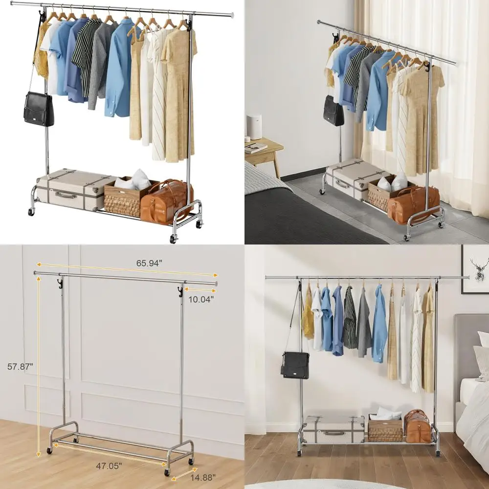 

Adjustable Rolling Garment Rack, 47-66 Chrome Hanging Rack with Lockable Wheels for Bedroom or Laundry