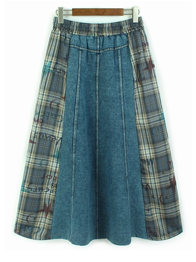 [EAM] High Elastic Waist Coffee Plaid Denim Color-block A-line Half-body Skirt Women Fashion Tide New Spring Autumn 2025 1DH8753