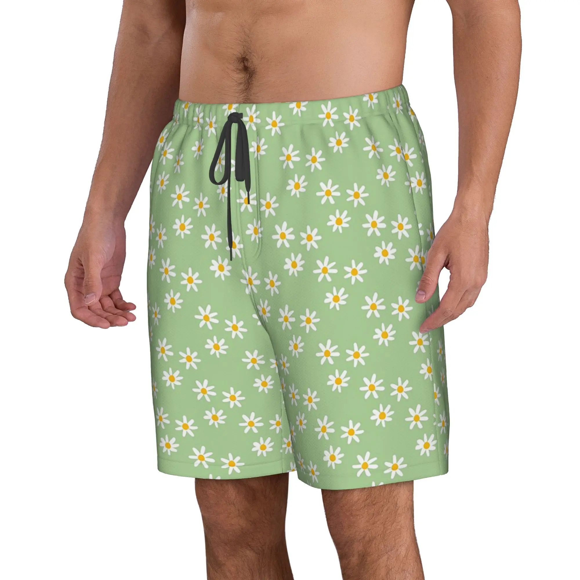 Macaron Colour Green Daisy Pattern Trunks Beach Board Shorts Casual Quick Dry Swim Summer Men Pants