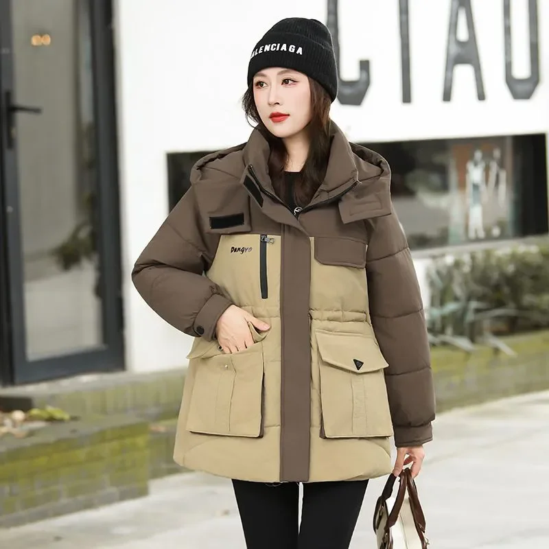 Y2K Two‑Tone Women Winter Puffer Coat Detachable Hood Drawstring Waist Multi Cargo Pocket Loose Casual Parka Coat Outerwear