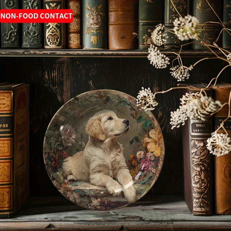 1pc Art Deco Ceramic Wall Hanging Decorative Plate - Round Floral Dog Design, Non-Food Contact, Ideal for Home, Living Room,