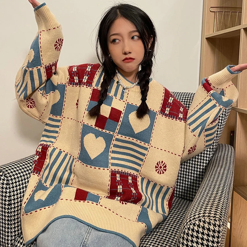 

GIDYQ Vintage Oversized Sweater Women Harajuku Plaid Love Loose Knitwear Korean Print Knit Jumpers Casual Pullovers Tops Winter