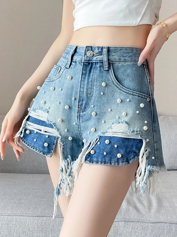 한국어 진주 데님 반바지 여성 여름 패션 캐주얼 하이 웨스트 찢어진 청바지 포켓 술 바지 streetwear 블루 바지