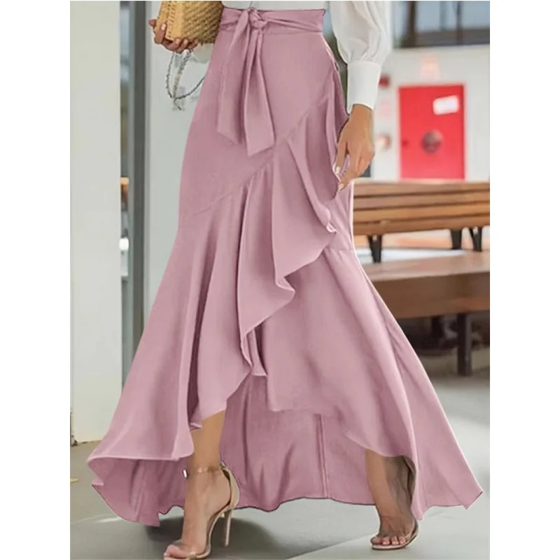 

High Waist Asymmetrical Skirt with Belt Women's Casual Dr Fi Tail f Body Wrap around Skirt Polyester Fabric Midi Skirt