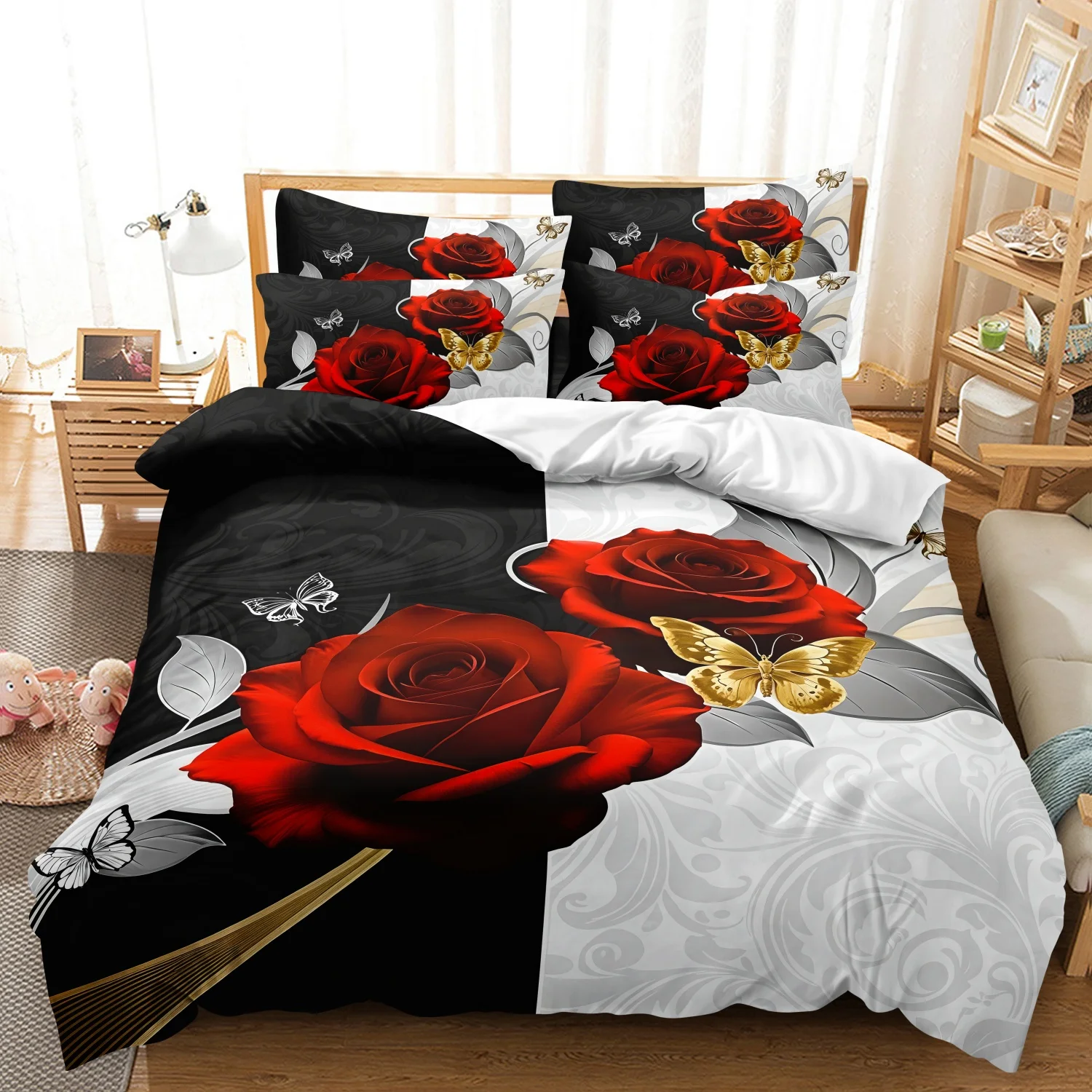 3pcs Red Rose Pattern Print Bedding Set, Elegant with Golden Butterfly Print Duvet Cover, For Family Bedrooms Dormitories Hotels