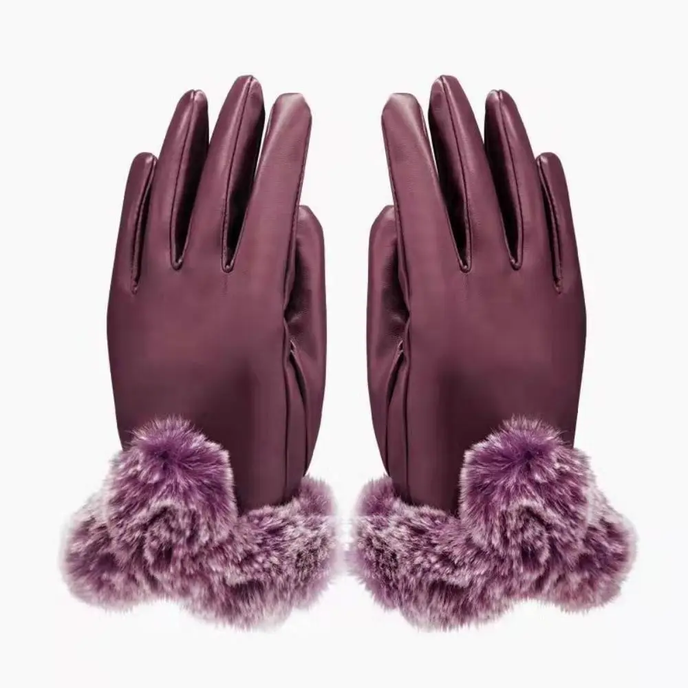

Waterproof Thicken Warm Plus Velvet PU Leather Touch Screen Mittens Faux Fur Gloves Cashmere Gloves