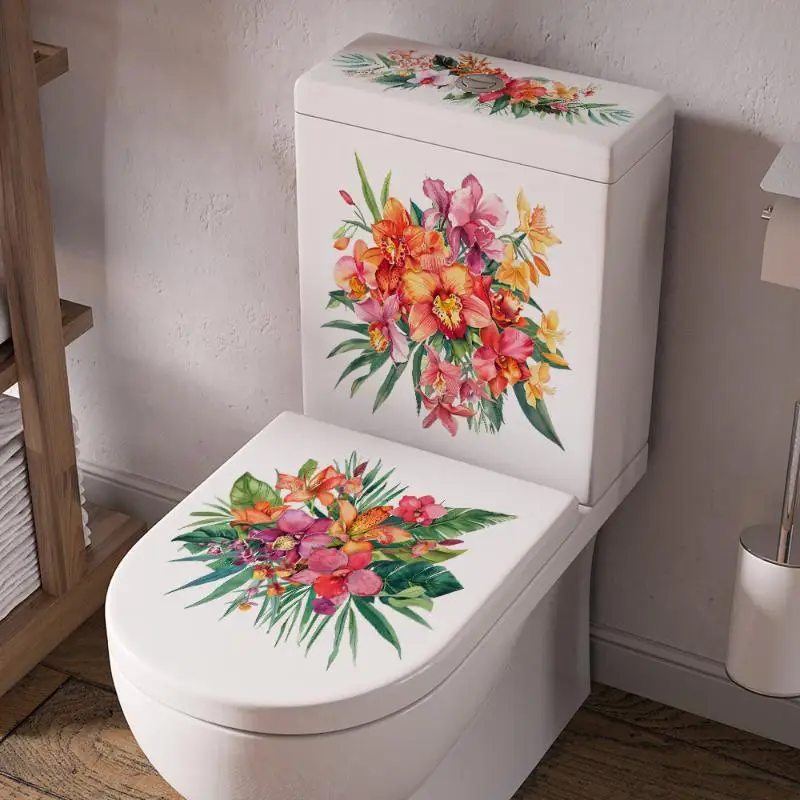 Watercolor Tropical Orchid Green Plant Toilet Wall Decals Floral Bathroom Stickers Waterproof For Toilet Lid Tank Decor