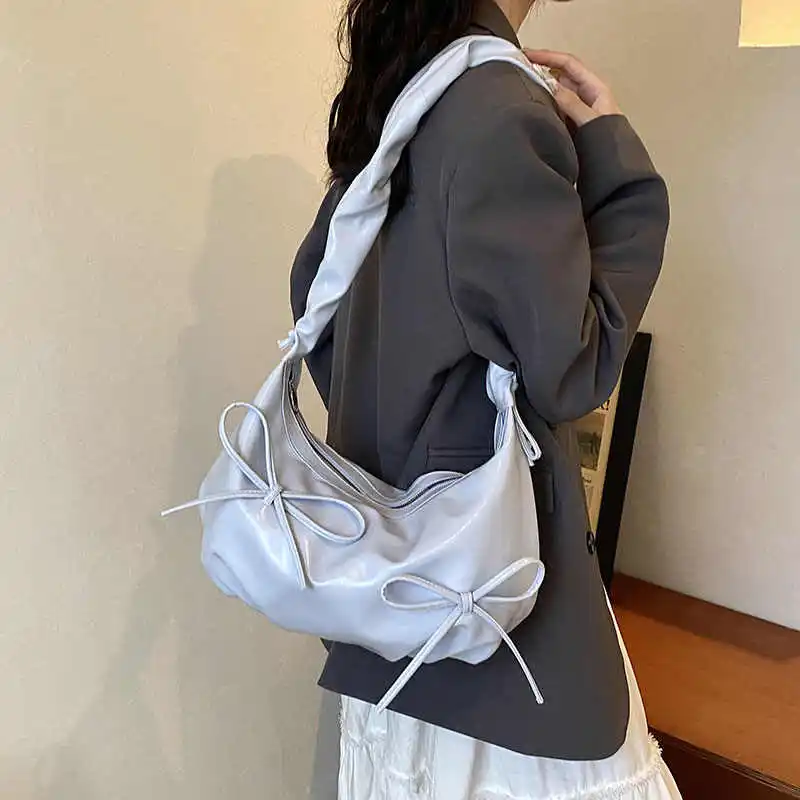 

Women's Pleated Strap Handbag Korean Style Versatile Shoulder Underarm Bags Bowknot Decorate Zip Crossbody Bag Lady